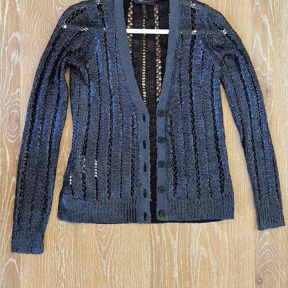 BCBG Maxazria Reyes Metallic Open Knit Cardigan Sweater Size XS